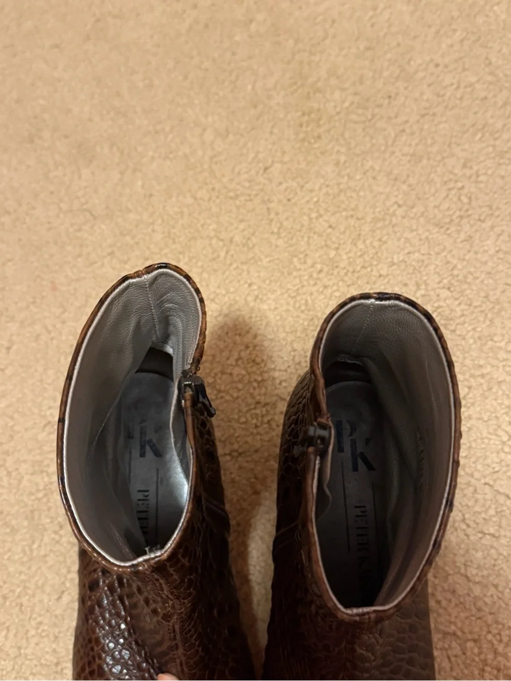 Peter Kaiser Brown Croc Embossed Leather Ankle Boots Side Zip